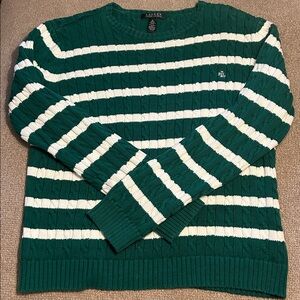 Lauren Ralph Lauren Emerald Green w/White Stripes Cable Knit Sweater Crew Neck
